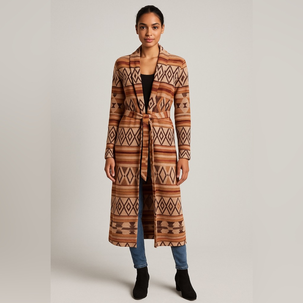 Long Aztec-Print Belted Cardigan Sweater - Brown